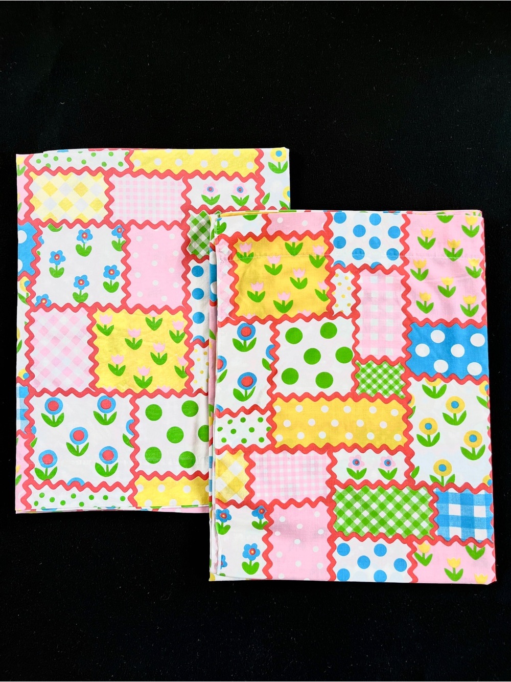 Vtg Sears Ric Rac Patch Patchwork Fabric Twin Flat Sheets Gingham Flower Power